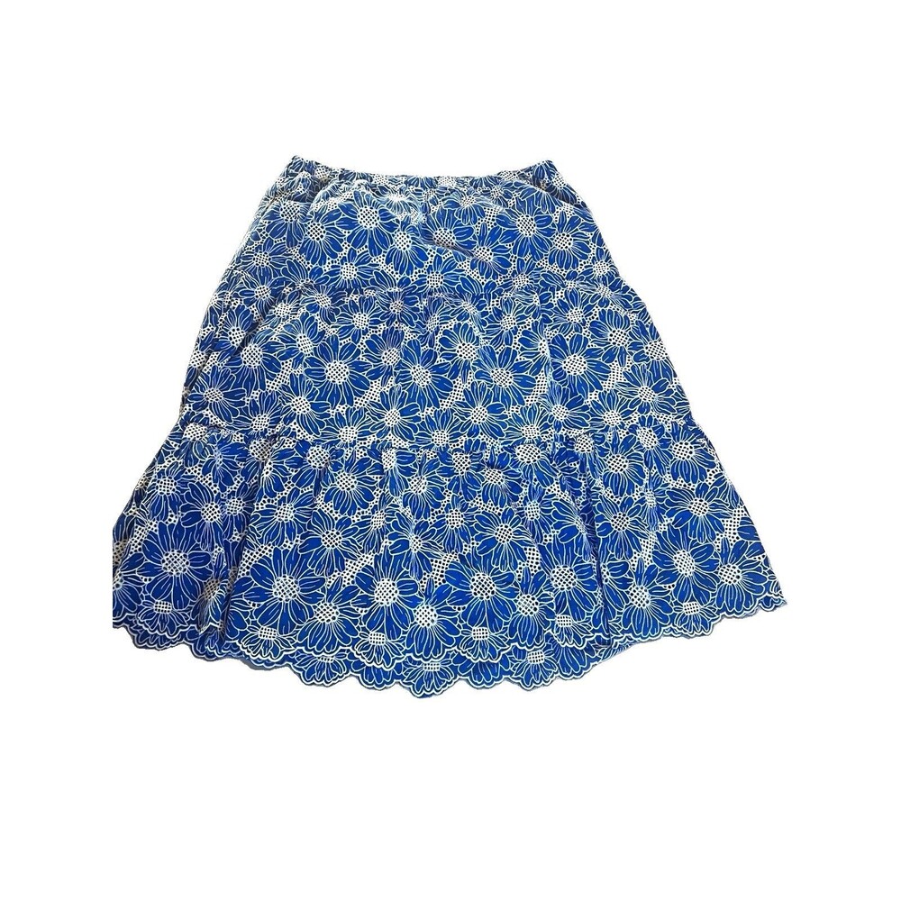 Blue White Floral Lace Scallop Hem Lined A-Line Midi Skirt 1X Cottagecore boho